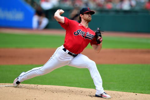 CLEVELAND, OHIO – JUNE 13: Shane Bieber #57 of the Cleveland Indians pitches during a game against the Seattle Mariners at Progressive Field on June 13, 2021 in Cleveland, Ohio. (Photo by Emilee Chinn/Getty Images)