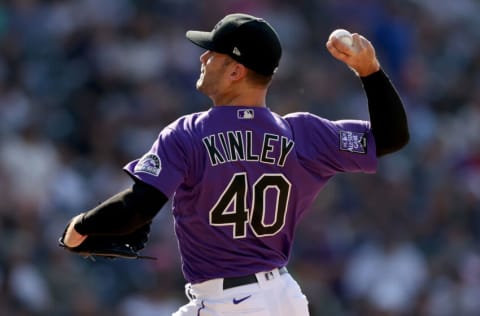 DENVER, COLORADO - JUNE 28: Pitcher Tyler Kinley #40 of the Colorado Rockies throws against the Pittsburgh Pirates in the sixth inning at Coors Field on June 28, 2021 in Denver, Colorado. (Photo by Matthew Stockman/Getty Images)