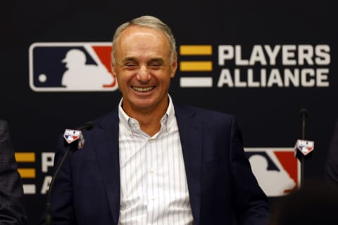 DENVER, COLORADO – JULY 12: Commissioner of Baseball Robert D. Manfred Jr. speaks during a press conference announcing a partnership with the Players Alliance during the Gatorade All-Star Workout Day at Coors Field on July 12, 2021 in Denver, Colorado. (Photo by Justin Edmonds/Getty Images)