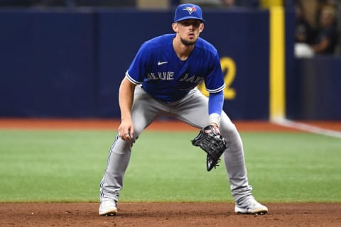 ST PETERSBURG, FLORIDA – JULY 11: Cavan Biggio #8 of the Toronto Blue Jays awaits the play during the ninth inning against the Tampa Bay Rays at Tropicana Field on July 11, 2021 in St Petersburg, Florida. (Photo by Douglas P. DeFelice/Getty Images)