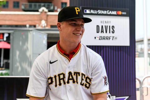 DENVER, CO – JULY 12: Henry Davis, a catcher for the Louisville Cardinals who was selected first overall in the 2021 MLB draft by the Pittsburgh Pirates talks to reporters during the Gatorade All-Star Workout Day outside of Coors Field on July 12, 2021 in Denver, Colorado. (Photo by Dustin Bradford/Getty Images)