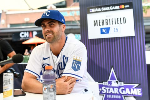 DENVER, CO – JULY 12: Whit Merrifield #15 of the Kansas City Royals talks to reporters during the Gatorade All-Star Workout Day outside of Coors Field on July 12, 2021 in Denver, Colorado. (Photo by Dustin Bradford/Getty Images)