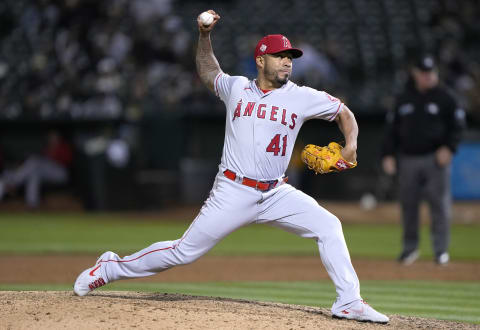 OAKLAND, CALIFORNIA – JULY 19: Junior Guerra #41 of the Los Angeles Angels pitches against the Oakland Athletics in the bottom of the eighth inning at RingCentral Coliseum on July 19, 2021 in Oakland, California. (Photo by Thearon W. Henderson/Getty Images)