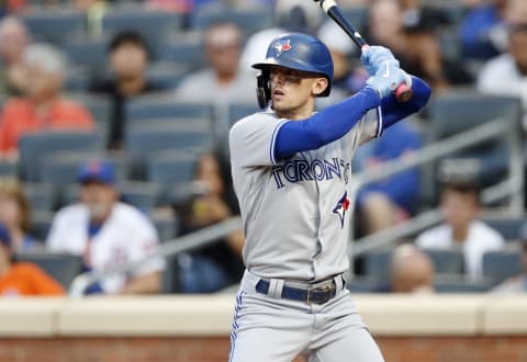 NEW YORK, NEW YORK – JULY 23: Cavan Biggio #8 of the Toronto Blue Jays in action against the New York Mets at Citi Field on July 23, 2021 in New York City. The Mets defeated the Blue Jays 3-0. Biggio could be a trade target for the Colorado Rockies.  (Photo by Jim McIsaac/Getty Images)