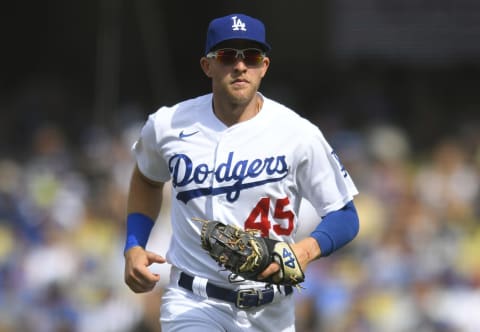 LOS ANGELES, CA – JULY 25: Matt Beaty #45 of the Los Angeles Dodgers while playing the Colorado Rockies at Dodger Stadium on July 25, 2021 in Los Angeles, California. (Photo by John McCoy/Getty Images)