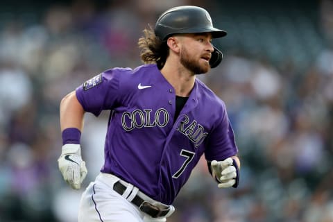 DENVER, COLORADO – AUGUST 06: Brendan Rodgers #7 of the Colorado Rockies runs after hitting a double against the Miami Marlins in the third inning at Coors Field on August 06, 2021 in Denver, Colorado. (Photo by Matthew Stockman/Getty Images)