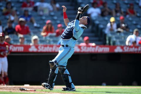 ANAHEIM, CA – AUGUST 10: Reese McGuire #7 of the Toronto Blue Jays in action during the game against the Los Angeles Angels at Angel Stadium on August 10, 2021 in Anaheim, California. The Angels defeated the Blue Jays 6-3. (Photo by Rob Leiter/MLB Photos via Getty Images)