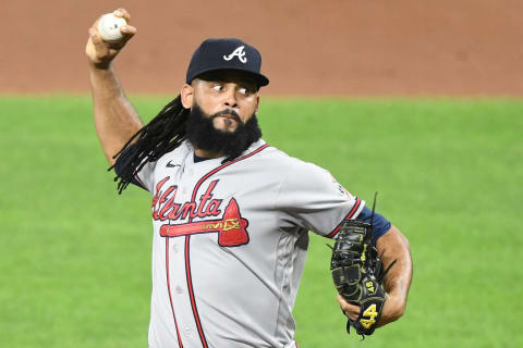 BALTIMORE, MARYLAND – AUGUST 21: Richard Rodriguez #48 of the Atlanta Braves during a baseball game against the against the Baltimore Orioles at Oriole Park at Camden Yards on August 21, 2021 in Baltimore, Maryland. (Photo by Mitchell Layton/Getty Images)