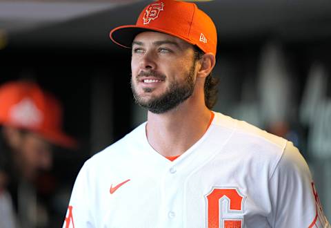 SAN FRANCISCO, CALIFORNIA – AUGUST 31: Kris Bryant #23 of the San Francisco Giants looks on from the dugout prior to the start of the game against the Milwaukee Brewers at Oracle Park on August 31, 2021 in San Francisco, California. He’s a new member of the Colorado Rockies. (Photo by Thearon W. Henderson/Getty Images)