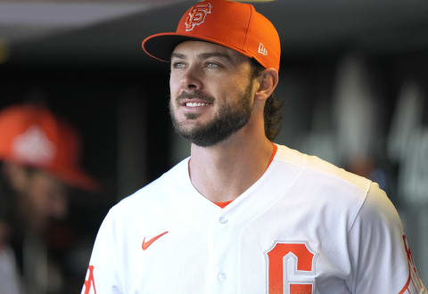 SAN FRANCISCO, CALIFORNIA – AUGUST 31: Kris Bryant #23 of the San Francisco Giants looks on from the dugout prior to the start of the game against the Milwaukee Brewers at Oracle Park on August 31, 2021 in San Francisco, California. (Photo by Thearon W. Henderson/Getty Images)