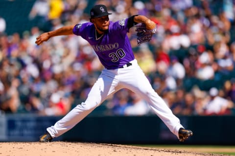 DENVER, CO – SEPTEMBER 5: Relief pitcher Julian Fernandez #30 of the Colorado Rockies delivers to home plate during the seventh inning against the Atlanta Braves at Coors Field on September 5, 2021 in Denver, Colorado. Fernandez is making his Major League debut. (Photo by Justin Edmonds/Getty Images)