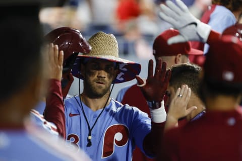 PHILADELPHIA, PENNSYLVANIA – SEPTEMBER 09: Bryce Harper #3 of the Philadelphia Phillies celebrates after hitting a one run home run during the first inning against the Colorado Rockies at Citizens Bank Park on September 09, 2021 in Philadelphia, Pennsylvania. (Photo by Tim Nwachukwu/Getty Images)