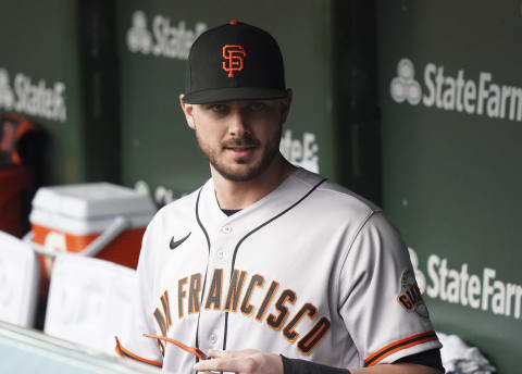 CHICAGO, ILLINOIS – SEPTEMBER 10: Kris Bryant #23 of the San Francisco Giants stands in the dugout prior to a game against the Chicago Cubs at Wrigley Field on September 10, 2021 in Chicago, Illinois. (Photo by Nuccio DiNuzzo/Getty Images)