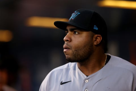 NEW YORK, NY – SEPTEMBER 02: Jesus Aguilar #24 of the Miami Marlins in action against the New York Mets during a game at Citi Field on September 2, 2021 in New York City. (Photo by Rich Schultz/Getty Images)