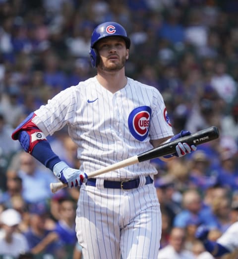 CHICAGO, ILLINOIS – SEPTEMBER 11: Ian Happ #8 of the Chicago Cubs bats against the San Francisco Giants at Wrigley Field on September 11, 2021 in Chicago, Illinois. (Photo by Nuccio DiNuzzo/Getty Images)