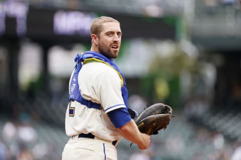 SEATTLE, WASHINGTON – SEPTEMBER 12: Tom Murphy #2 of the Seattle Mariners looks on during the game against the Arizona Diamondbacks at T-Mobile Park on September 12, 2021 in Seattle, Washington. (Photo by Steph Chambers/Getty Images)