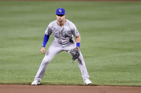 BALTIMORE, MARYLAND – SEPTEMBER 09: Whit Merrifield #15 of the Kansas City Royals plays second base against the Baltimore Orioles at Oriole Park at Camden Yards on September 09, 2021 in Baltimore, Maryland. (Photo by G Fiume/Getty Images)