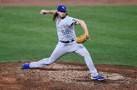 BALTIMORE, MARYLAND – SEPTEMBER 09: Scott Barlow #58 of the Kansas City Royals pitches against the Baltimore Orioles at Oriole Park at Camden Yards on September 09, 2021 in Baltimore, Maryland. (Photo by G Fiume/Getty Images)