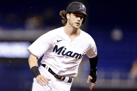 MIAMI, FLORIDA – AUGUST 25: Brian Anderson #15 of the Miami Marlins in action against the Washington Nationals at loanDepot park on August 25, 2021 in Miami, Florida. (Photo by Michael Reaves/Getty Images)