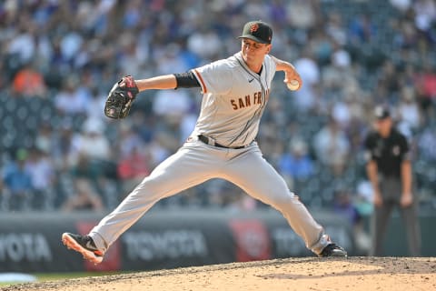 DENVER, COLORADO – SEPTEMBER 8: Tony Watson #56 of the San Francisco Giants pitches against the Colorado Rockies at Coors Field on September 8, 2021 in Denver, Colorado. (Photo by Dustin Bradford/Getty Images)