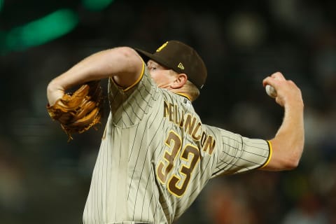 SAN FRANCISCO, CALIFORNIA – SEPTEMBER 14: Mark Melancon #33 of the San Diego Padres pitches against the San Francisco Giants at Oracle Park on September 14, 2021 in San Francisco, California. (Photo by Lachlan Cunningham/Getty Images)