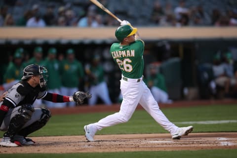 OAKLAND, CA – SEPTEMBER 8: Matt Chapman #26 of the Oakland Athletics hits a home run during the game against the Oakland Athletics at RingCentral Coliseum on September 8, 2021 in Oakland, California. The Athletics defeated the White Sox 5-1. (Photo by Michael Zagaris/Oakland Athletics/Getty Images)