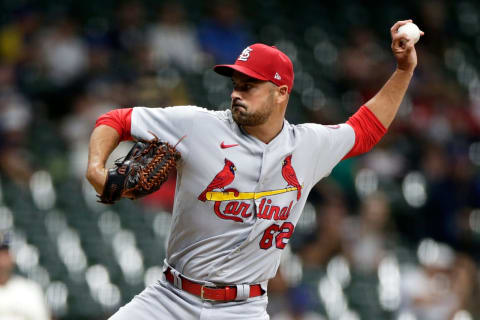 MILWAUKEE, WISCONSIN – SEPTEMBER 20: T.J. McFarland #62 of the St. Louis Cardinals throws a pitch against the Milwaukee Brewers at American Family Field on September 20, 2021 in Milwaukee, Wisconsin. Cardinals defeated the Brewers 5-2. (Photo by John Fisher/Getty Images)