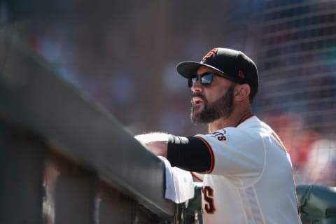 SAN FRANCISCO, CALIFORNIA – SEPTEMBER 19: Manager Gabe Kapler #19 of the San Francisco Giants looks on from the dugout during the game Atlanta Braves at Oracle Park on September 19, 2021 in San Francisco, California. (Photo by Lachlan Cunningham/Getty Images)