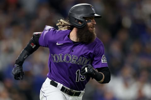 DENVER, COLORADO – SEPTEMBER 21: Charlie Blackmon #19 of the Colorado Rockies runs after hitting a RBI double against the Los Angeles Dodgers in the fourth inning at Coors Field on September 21, 2021 in Denver, Colorado. (Photo by Matthew Stockman/Getty Images)