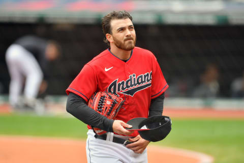 CLEVELAND, OHIO – SEPTEMBER 23: Starting pitcher Aaron Civale #43 of the Cleveland Indians reacts after the first inning of game one of a doubleheader against the Chicago White Sox at Progressive Field on September 23, 2021 in Cleveland, Ohio. (Photo by Jason Miller/Getty Images)