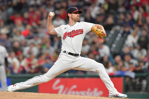 CLEVELAND, OHIO – SEPTEMBER 24: Starting pitcher Shane Bieber #57 of the Cleveland Indians pitches during the first inning against the Chicago White Sox at Progressive Field on September 24, 2021 in Cleveland, Ohio. (Photo by Jason Miller/Getty Images)