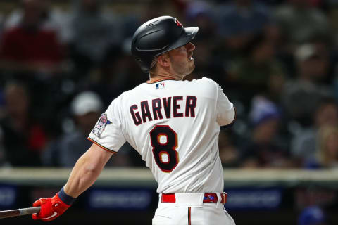 MINNEAPOLIS, MN – SEPTEMBER 23: Mitch Garver #8 of the Minnesota Twins hits an RBI single against the Toronto Blue Jays in the third inning of the game at Target Field on September 23, 2021 in Minneapolis, Minnesota. The Twins defeated the Blue Jays 7-2. (Photo by David Berding/Getty Images)