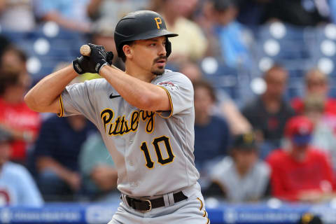 PHILADELPHIA, PA – SEPTEMBER 25: Bryan Reynolds #10 of the Pittsburgh Pirates in action against the Philadelphia Phillies during a game at Citizens Bank Park on September 25, 2021 in Philadelphia, Pennsylvania. (Photo by Rich Schultz/Getty Images)