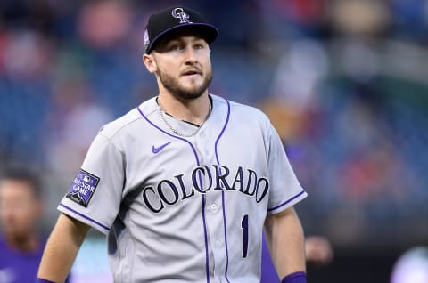 WASHINGTON, DC – SEPTEMBER 17: Garrett Hampson #1 of the Colorado Rockies warms up before the game against the Washington Nationals at Nationals Park on September 17, 2021 in Washington, DC. (Photo by G Fiume/Getty Images)