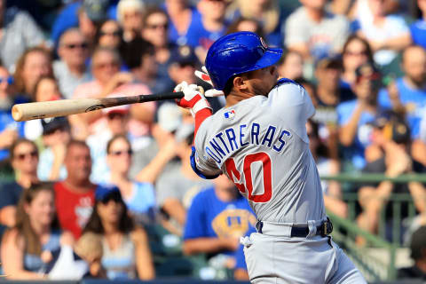 MILWAUKEE, WISCONSIN – SEPTEMBER 19: Willson Contreras #40 of the Chicago Cubs at bat in the game against the Milwaukee Brewers at American Family Field on September 19, 2021 in Milwaukee, Wisconsin. (Photo by Justin Casterline/Getty Images)