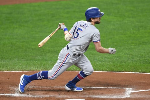 BALTIMORE, MD – SEPTEMBER 24: Nick Solak #15 of the Texas Rangers takes a swing during a baseball game against the Baltimore Orioles at Oriole Park at Camden Yards on September 24, 2021 in Baltimore, Maryland. (Photo by Mitchell Layton/Getty Images)