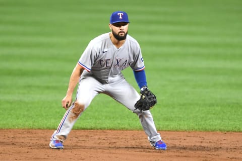 BALTIMORE, MD – SEPTEMBER 24: Isiah Kiner-Falefa #9 of the Texas Rangers in position during a baseball game against the Baltimore Orioles at Oriole Park at Camden Yards on September 24, 2021 in Baltimore, Maryland. (Photo by Mitchell Layton/Getty Images)