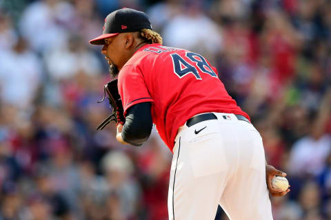 CLEVELAND, OHIO – SEPTEMBER 27: Emmanuel Clase #48 of the Cleveland Indians pitches during a game between the Kansas City Royals and Cleveland Indians at Progressive Field on September 27, 2021 in Cleveland, Ohio. (Photo by Emilee Chinn/Getty Images)