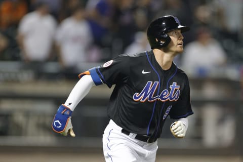 NEW YORK, NEW YORK – SEPTEMBER 17: Brandon Nimmo #9 of the New York Mets runs to first during the ninth inning against the Philadelphia Phillies at Citi Field on September 17, 2021 in the Queens borough of New York City. The Phillies won 4-3. (Photo by Sarah Stier/Getty Images)