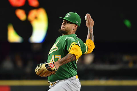 SEATTLE, WASHINGTON – SEPTEMBER 29: Frankie Montas #47 of the Oakland Athletics throws a pitch during the first inning against the Seattle Mariners at T-Mobile Park on September 29, 2021 in Seattle, Washington. (Photo by Alika Jenner/Getty Images)