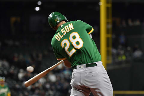 SEATTLE, WASHINGTON – SEPTEMBER 29: Matt Olson #28 of the Oakland Athletics swings at a pitch during the first inning against the Seattle Mariners at T-Mobile Park on September 29, 2021 in Seattle, Washington. (Photo by Alika Jenner/Getty Images)