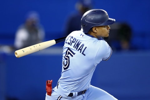 TORONTO, ON – SEPTEMBER 29: Santiago Espinal #5 of the Toronto Blue Jays bats during a MLB game against the New York Yankees at Rogers Centre on September 29, 2021 in Toronto, Ontario, Canada. (Photo by Vaughn Ridley/Getty Images)