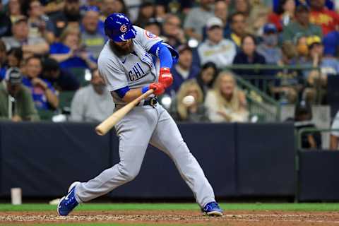 MILWAUKEE, WISCONSIN – SEPTEMBER 18: David Bote #13 of the Chicago Cubs at bat in the game against the Milwaukee Brewers at American Family Field on September 18, 2021 in Milwaukee, Wisconsin. (Photo by Justin Casterline/Getty Images)