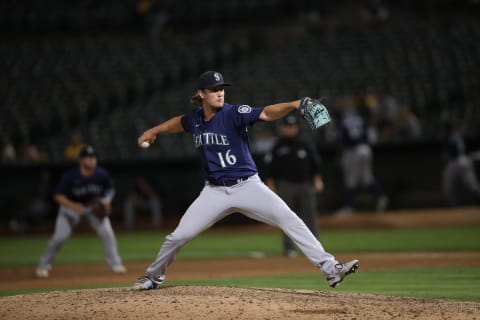 OAKLAND, CA – SEPTMEBER 21: Drew Steckenrider #16 of the Seattle Mariners pitches during the game against the Oakland Athletics at RingCentral Coliseum on September 21, 2021 in Oakland, California. The Mariners defeated the Athletics 5-2. (Photo by Michael Zagaris/Oakland Athletics/Getty Images)