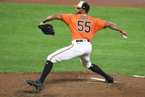 BALTIMORE, MD – SEPTEMBER 25: Dillon Tate #55 of the Baltimore Orioles pitches during a baseball game against the Texas Rangers at Oriole Park at Camden Yards on September 25, 2021 in Baltimore, Maryland. (Photo by Mitchell Layton/Getty Images)