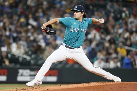 SEATTLE, WASHINGTON – OCTOBER 01: Marco Gonzales #7 of the Seattle Mariners pitches against the Los Angeles Angels during the first inning at T-Mobile Park on October 01, 2021 in Seattle, Washington. (Photo by Steph Chambers/Getty Images)