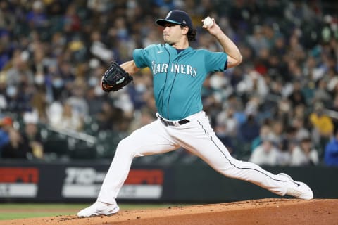 SEATTLE, WASHINGTON – OCTOBER 01: Marco Gonzales #7 of the Seattle Mariners pitches against the Los Angeles Angels during the first inning at T-Mobile Park on October 01, 2021 in Seattle, Washington. (Photo by Steph Chambers/Getty Images)