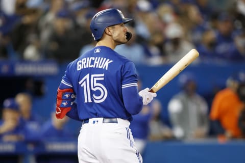 TORONTO, ON – SEPTEMBER 30: Randal Grichuk #15 of the Toronto Blue Jays at bat in the third inning of their MLB game against the New York Yankees at Rogers Centre on September 30, 2021 in Toronto, Ontario. (Photo by Cole Burston/Getty Images)