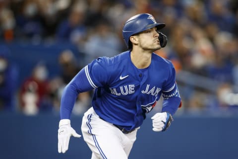 TORONTO, ON – SEPTEMBER 30: Randal Grichuk #15 of the Toronto Blue Jays flies out in the third inning of their MLB game against the New York Yankees at Rogers Centre on September 30, 2021 in Toronto, Ontario. (Photo by Cole Burston/Getty Images)