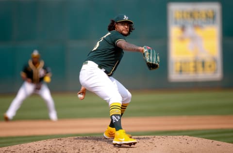 OAKLAND, CA – SEPTMEBER 25: Sean Manaea #55 of the Oakland Athletics pitches during the game against the Houston Astros at RingCentral Coliseum on September 25, 2021 in Oakland, California. The Athletics defeated the Astros 2-1. (Photo by Michael Zagaris/Oakland Athletics/Getty Images)